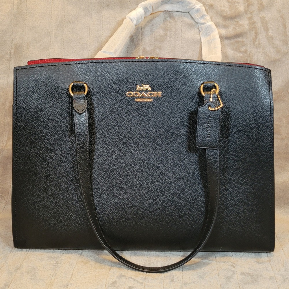 Coach Tatum Carryall 40 Womens Large Black True Red Pebbled Leather Tote CP596